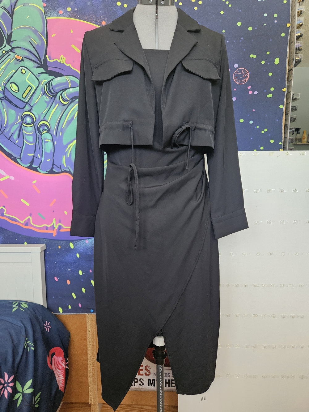 Black Women's Two-piece Wrap Dress with Cropped Blazer - Picture 2 of 8